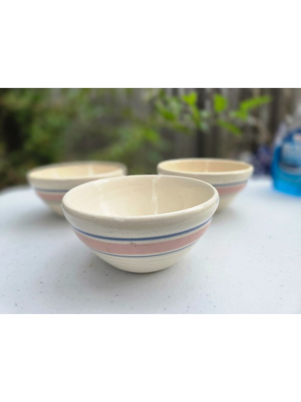 Vintage McCoy Pink & Blue Band Beehive Cereal Bowls Set Of 3 5.5" Diameter Ribbe